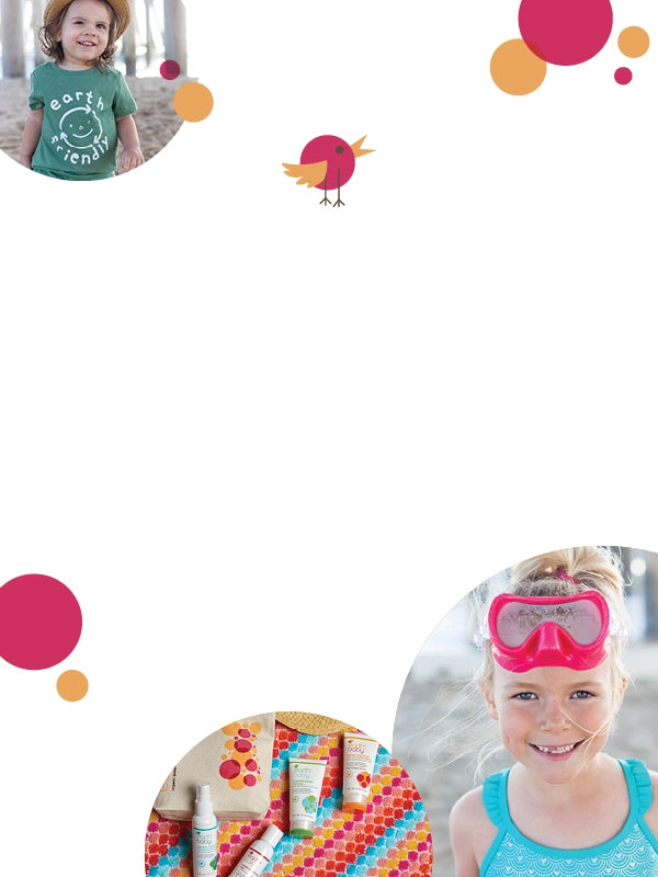 Nourish. Protect. Replenish. Scientifically Formulated. Naturally Safe. Collage of images with boy in earth friendly green shirt, girl in blue swimsuit and pink goggles, product shot on beach towel with pink and orange graphics
