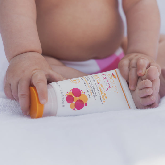 Close up of baby hands and feet holding Non-Toxic, Hypoallergenic Broad Spectrum SPF 30 + Sunscreen