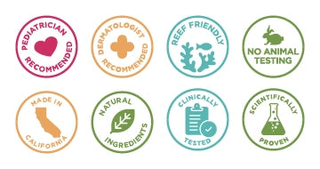 Badges highlighting attributes Pediatrician Recommended, Dermatologist Recommended, Reef Friendly, No Animal Testing, Made in California, Clinically Tested, Scientifically Proven