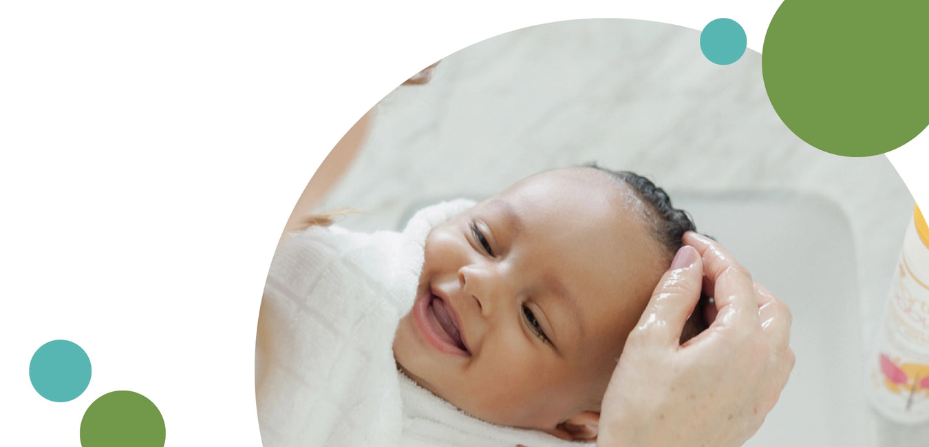 Organic Goodness, Natural & certified organic ingredients for a gentle cleanse with our Shampoo and Body Wash. Photo of smiling baby getting hair washed.