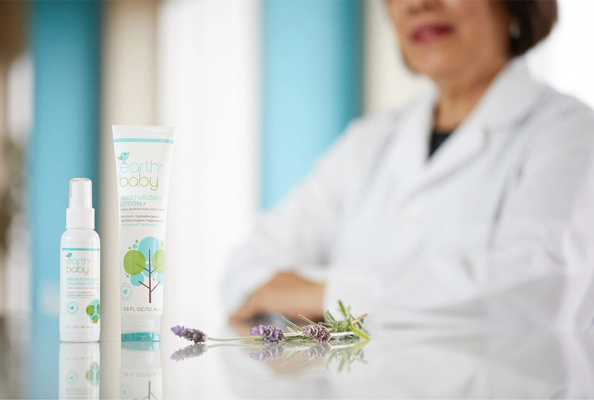 100% Clean and Clinically Proven. Photo of product closeup with lavender flower next to it and founder Florence Nacino blurred in the background.